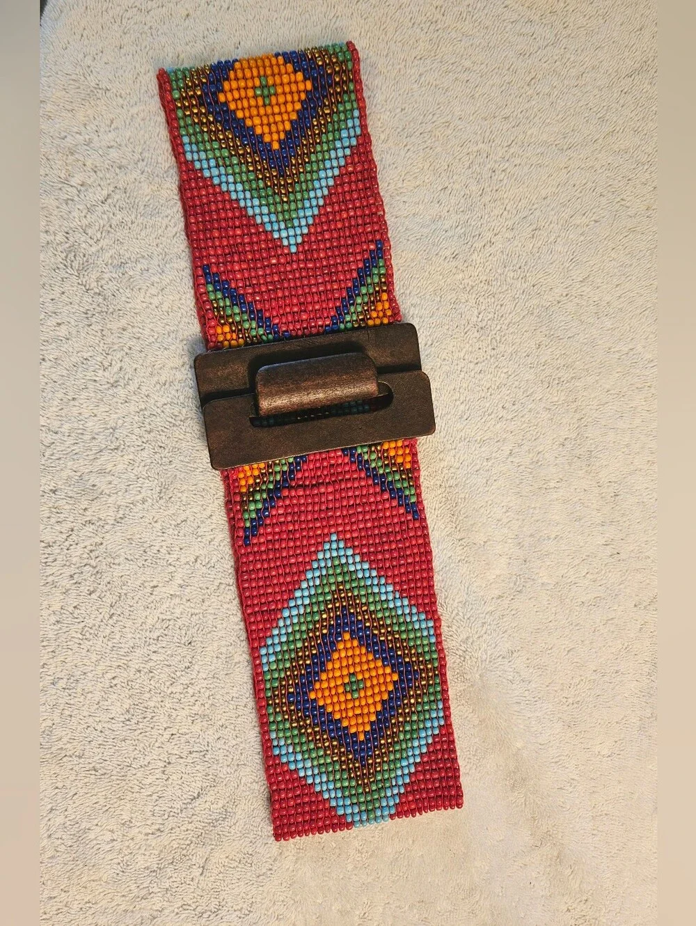 Beaded Handmade Stretch Wide Belt Geometric Wooden Buckle